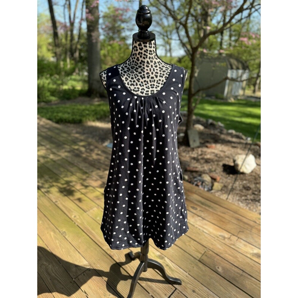 LANDS END Black Tank Dress Polka Dot Pleated Swim Cover Knit Pocket M (10-12) GH
